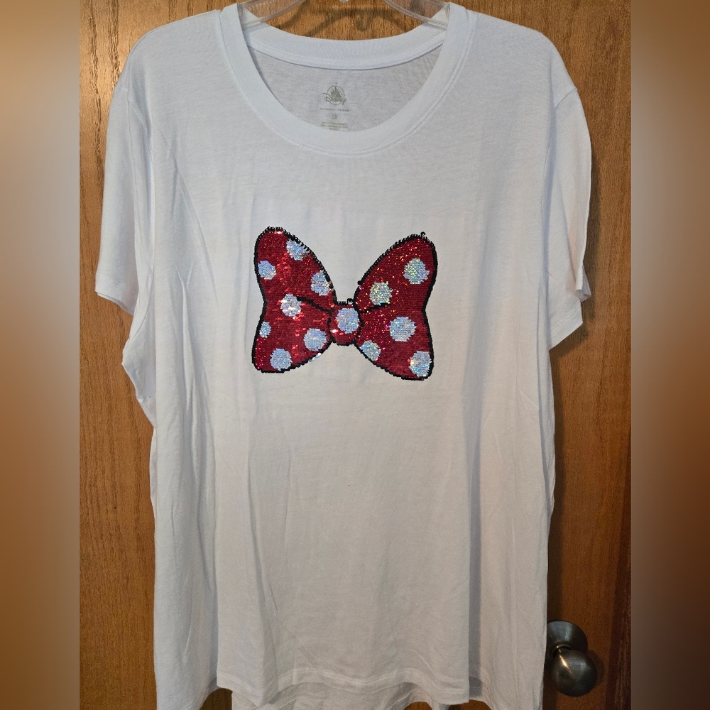 Womans White T-Shirt with Red Sequin Bow